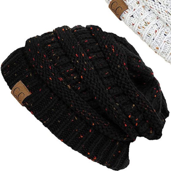 2/$30 Black Beanie Confetti Speckled Knit Messy Bun Ponytail Hole Slouchy Hat OS - Picture 2 of 7